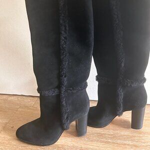 Lauren Ralph Lauren Black Suede Shearling Trim Knee-High Boots size 8.5